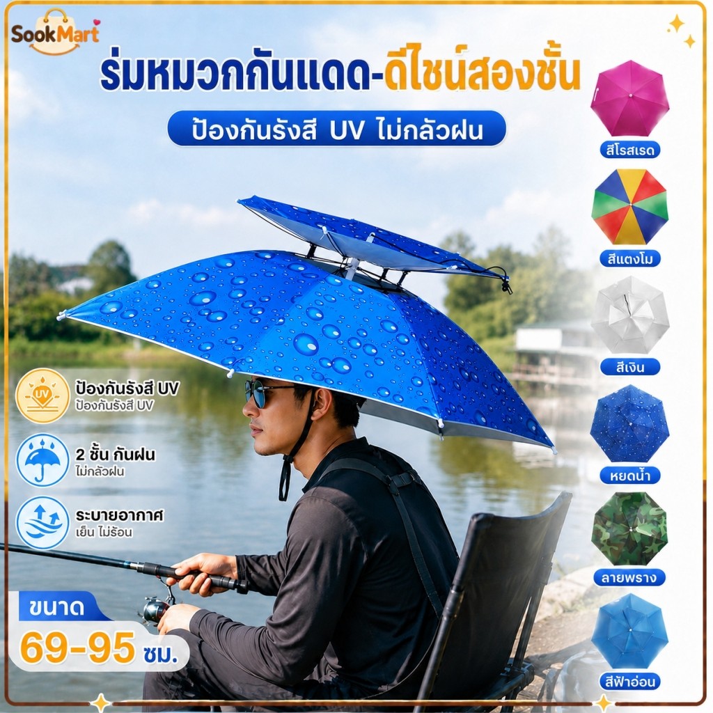 SookMart หมวกร่ม 2 ชั้น กันแดดป้องกันรังสี UV100% กันร้อน ขนาด 69/77/90/95ซม. กันฝนได้ดี ใช้ได้ทุกฤดูกาล หมวกร่มพับได้