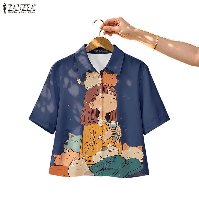 ZANZEA ผู้หญิงเกาหลี Hayao Miyazaki มังงะสไตล์ปกกลางแขนเสื้อการ์ตูนพิมพ์ปุ่มขึ้นเสื้อ