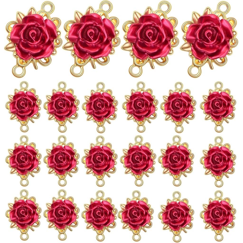 20pcs KC Golden Plated Red Rose Charms Connectors โลหะผสมน่ารัก 3D Roseflower รูปร่าง Dangle จี้คู่ส