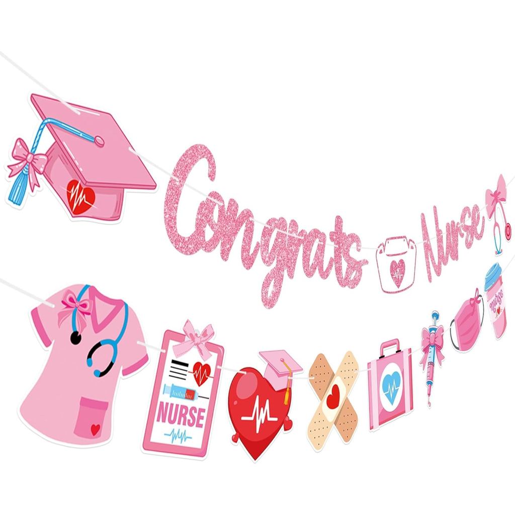 GRULLIN สีชมพู Congrats พยาบาลสําเร็จการศึกษา Party ตกแต่งแบนเนอร์ Garland, นุ่มริบบิ้นโบว์ Nusing S