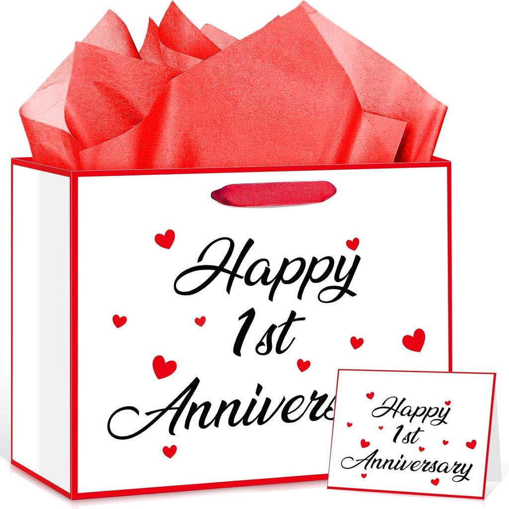 Innovoscape Happy 1st Anniversary Party Gift Bag 1st Anniversary Favor Bag with Card and Tissue Pape