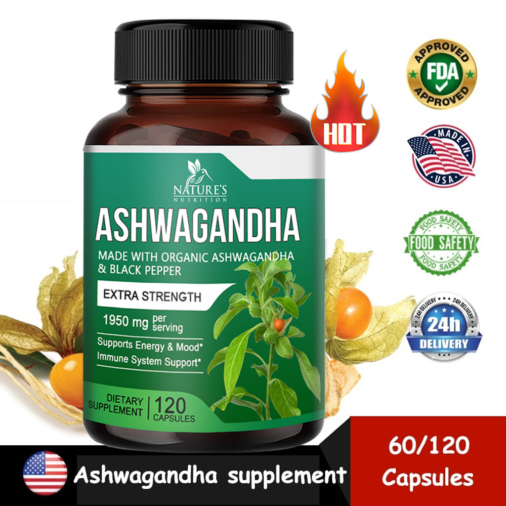สูตรความแรงพิเศษ Ashwagandha 1950mg พร้อมพริกไทยดํา 120 แคปซูล | รองรับระบบพลังงาน อารมณ์ และภูมิคุ้มกัน