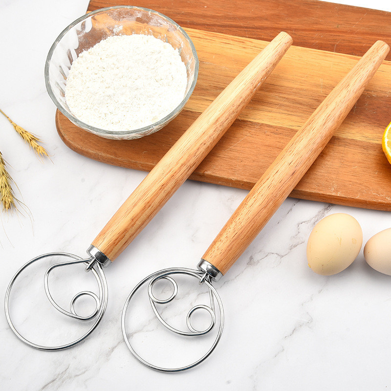 43 ซม.Oak Handle แป้ง Beater แป้ง Beater เดนมาร์กแป้งกวน Rod สแตนเลส Coil Whisk AY65