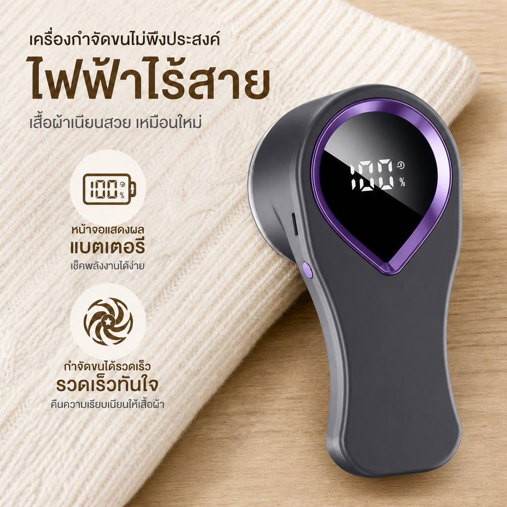 เครื่องตัดขุยผ้า จอแสดงผล LED ชาร์จUSB ไร้สาย Hair Ball Fuzz Trimmer