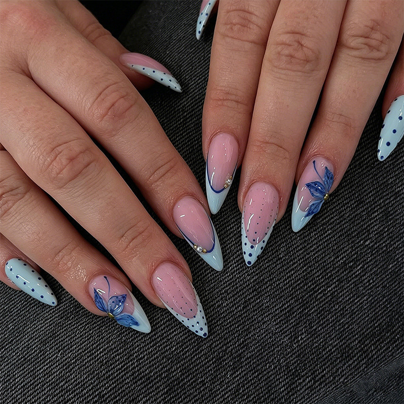 Blue Polka Dot Handmade Almond Wearing Nail French Cats Eye Long Style