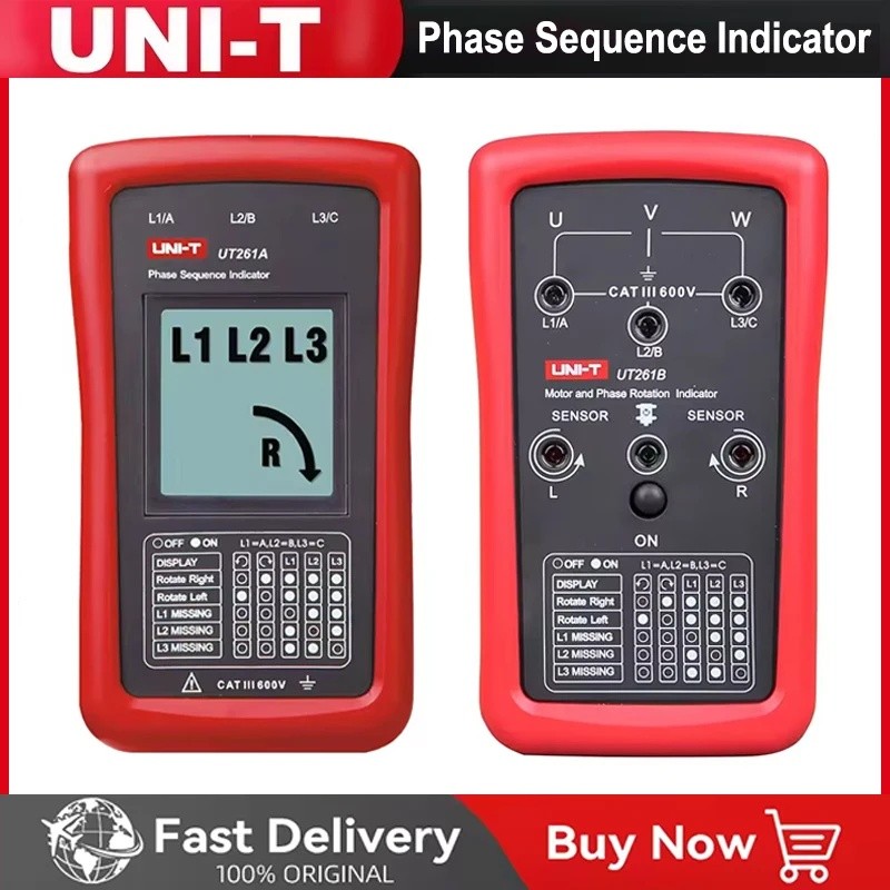 3G7O UNI-T UT261B UT261A เครื่องทดสอบลําดับเฟส Missing Phase Meter มอเตอร์ตัวบ่งชี้การหมุน AC 40 700