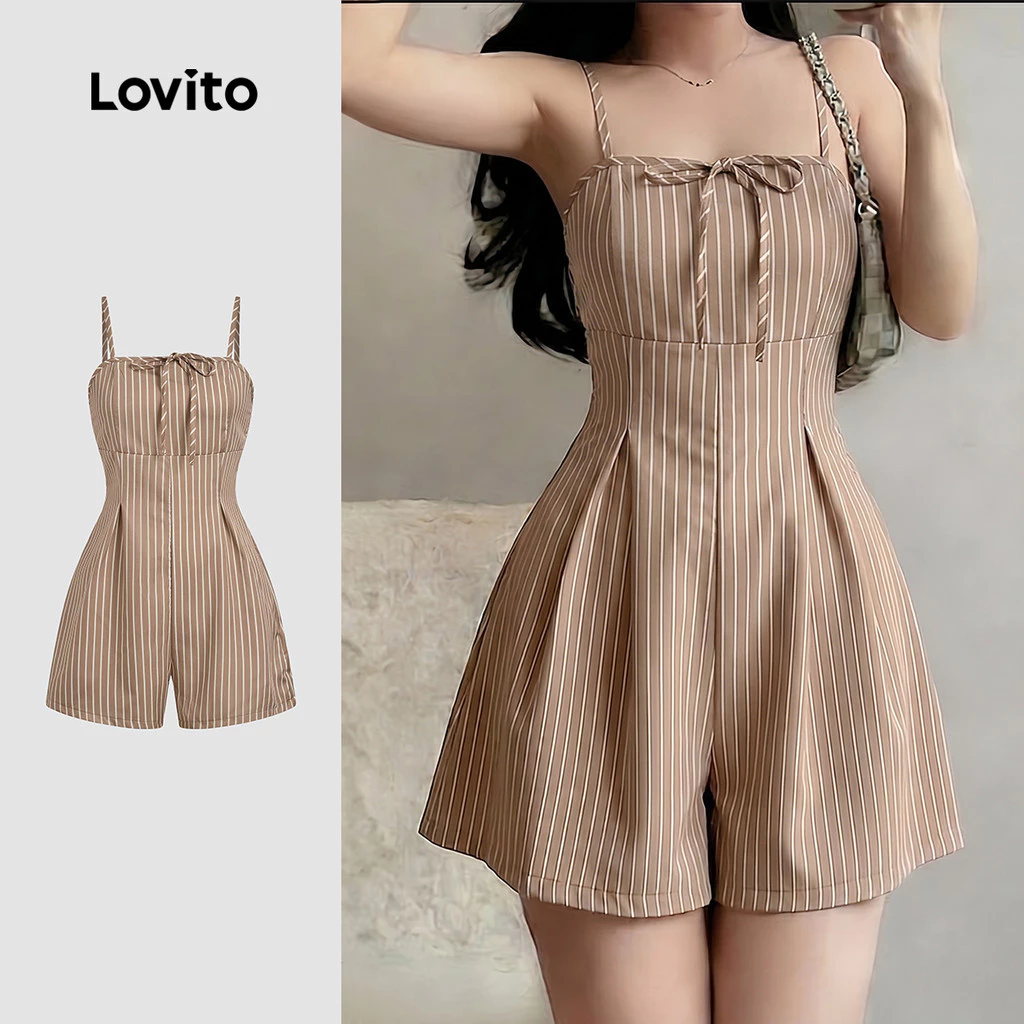(New Arrival) Lovito จั๊มสูทลําลอง ซิป โบว์ สีกากี สําหรับผู้หญิง ฤดูใบไม้ผลิ/ฤดูร้อน LK7ED583