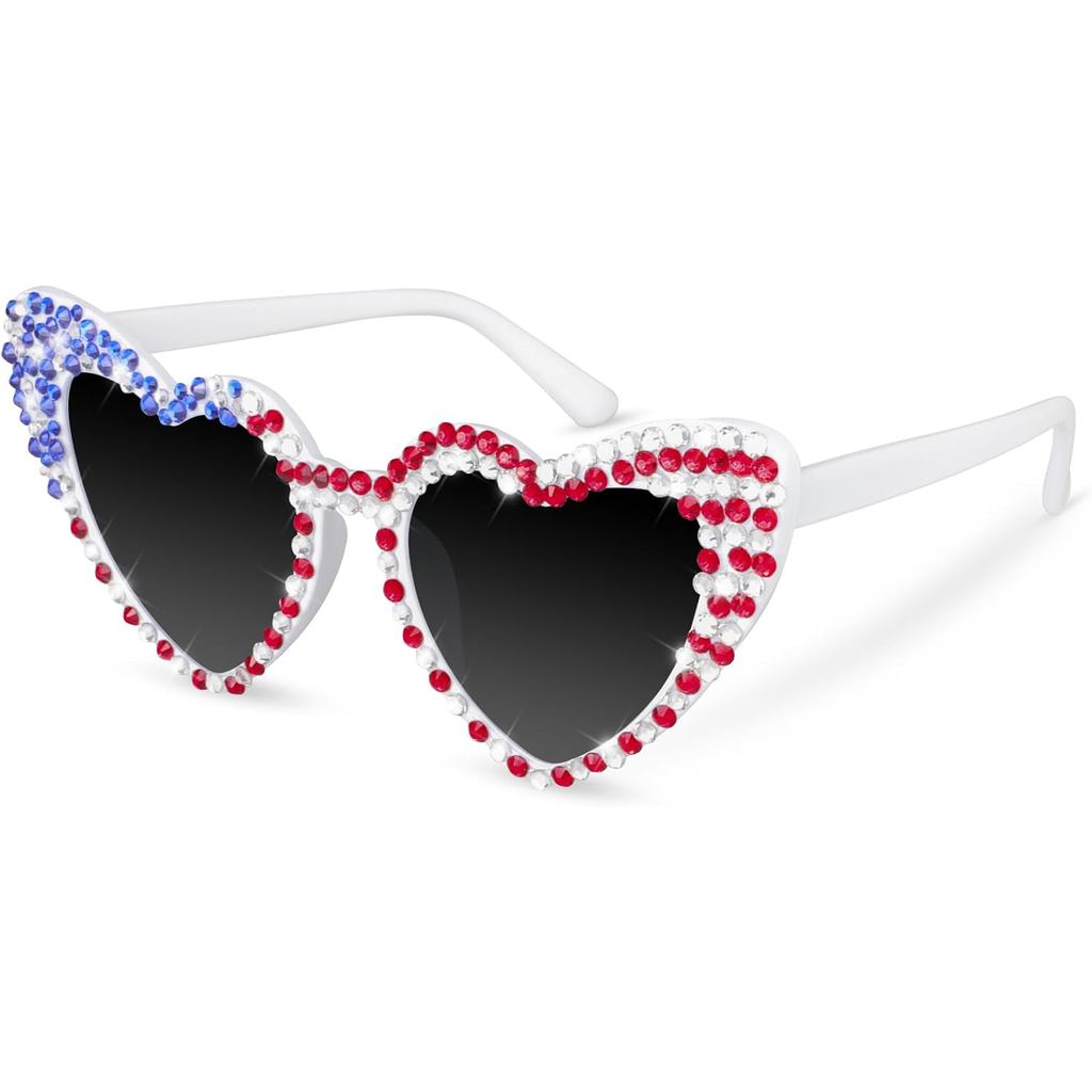 JUSTOTRY แว่นกันแดด 4th of July, แว่นตาสีแดงสีขาวและสีน้ําเงินตกแต่งรักชาติ Forth of July อุปกรณ์เสร
