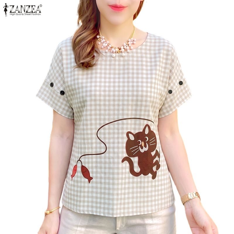 ZANZEA ผู้หญิงเกาหลีวินเทจ Kawaii ลูกเรือคอ Raglan แขนการ์ตูนพิมพ์ลายสก๊อตเสื้อหลวม