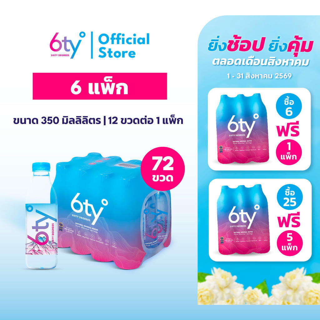 [ส่งฟรี] 350ml 6 แพ็ก 72 ขวด นํ้าแร่ 6ty Degrees Mineral Wat