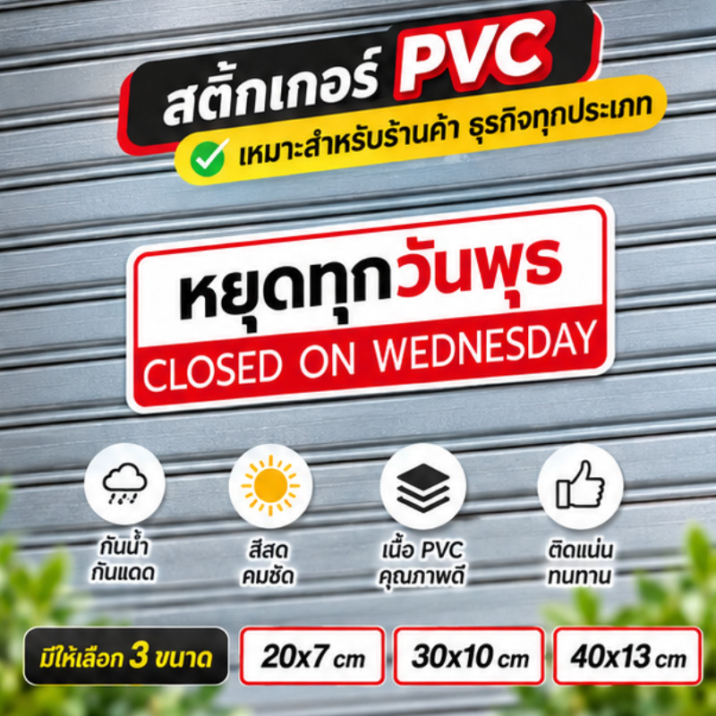 ZJ HOME สติกเกอร์ป้ายเตือน "หยุดทุกวันพุธ" สติกเกอร์ PVC  ติดทนนาน กาวเเน่น กันน้ำ ทนแดด ทนฝน สีสด คมชัด