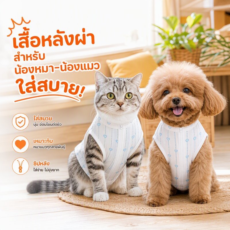 เสื้อหลังผ่าตัดแมว สุนัข เสื้อทำหมัน ชุดกันเลียแผล ผ้ายืดนิ่ม ระบายอากาศ ใส่ง่าย สายตีนตุ๊กแก