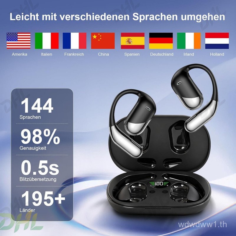 AI หูฟังเปิดหูฟังแปล, อุปกรณ์แปลภาษา 2 ทาง, หูฟังส่งผ่านบลูทูธ 3-ใน-1 สําหรับเทาง/เพลง/โทร/ออกกําลัง