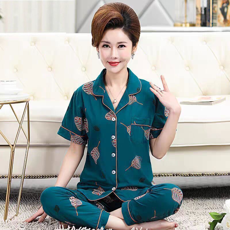 Baju Tidur Wanita ชุดนอนผ้าฝ้าย Women plus size แขนสั้นและกางเกงขายาวชุดชุดนอนสไตล์บางแม่วัยกลางคนแล