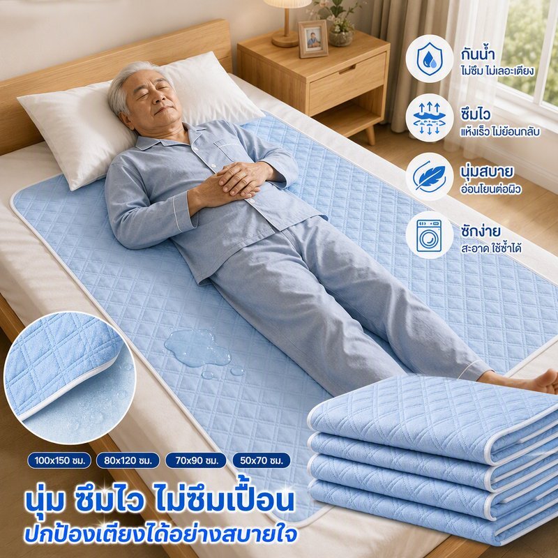 ผ้ายางรองฉี่ผู้ใหญ่ ผ้ารองฉี่ผู้ใหญ่ 3ชั้น กันน้ำ ซักได้ ใช้ซ้ำ ดูดซับเร็ว ระบายอากาศ ไม่เลื่อน