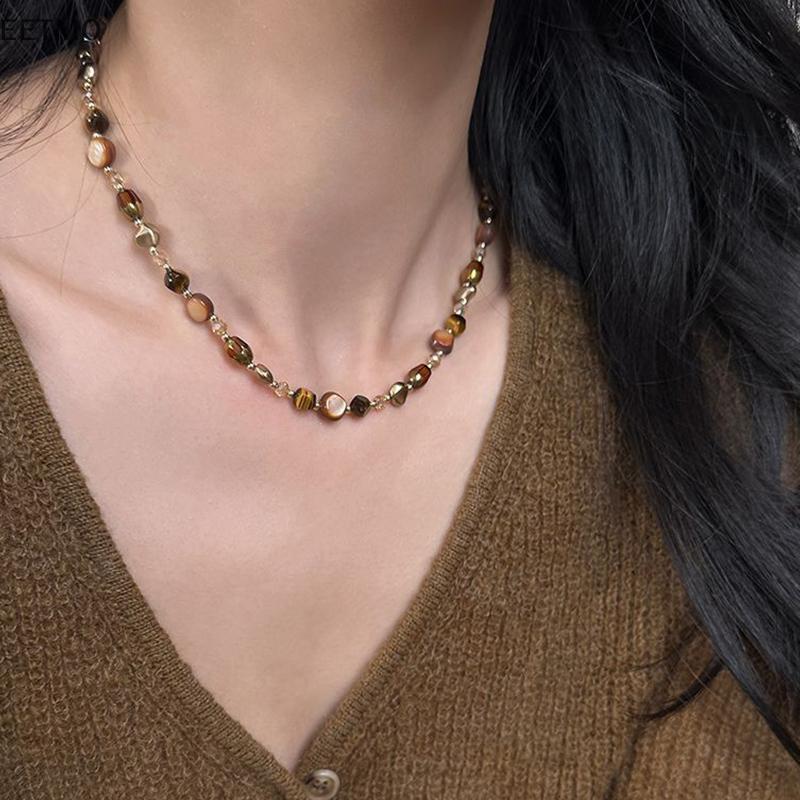 EET Vintage สีน้ําตาลธรรมชาติ Tiger Eye Stone Choker สร้อยคอผู้หญิงอินเทรนด์ Handmade ลูกปัดสร้อยคอส