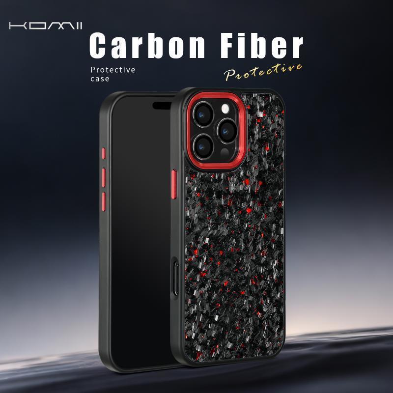 KOMII-ปุ่มโลหะคาร์บอนไฟเบอร์เคสโทรศัพท์สําหรับiPhone 16 15 14 13 17 pro Maxแม่เหล็กกรณี