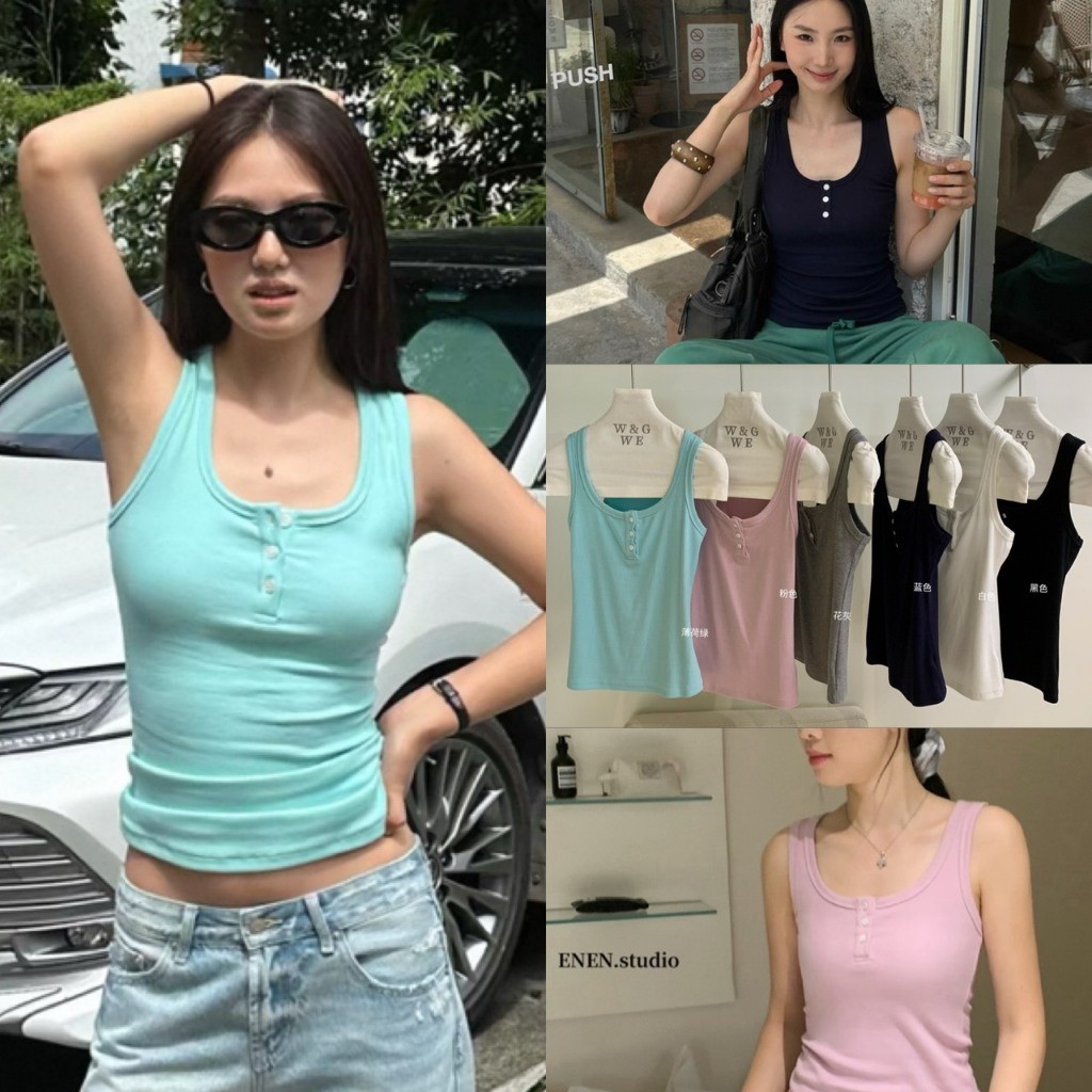 W10807 เสื้อกล้ามผ้าร่องแต่งกระดุมหน้า Henley tank top สไตล์เกาหลี แฟชั่นเกาหลี TAG WG.WE