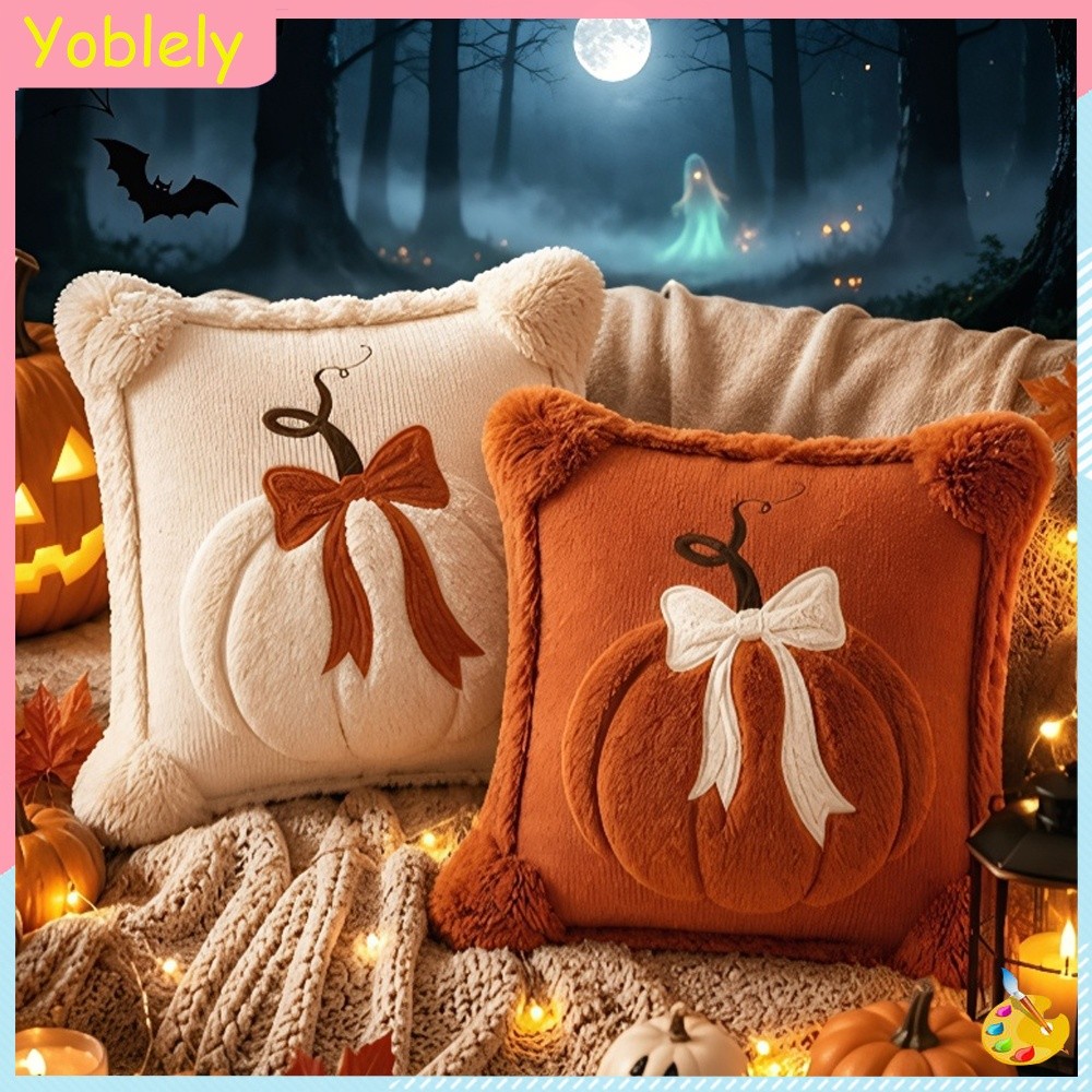 [Yoblely.th] Fall Pumpkin Throw Pillow Cover 18x18 Orange Plush Autumn Harvest Mahjong Halloween Sof
