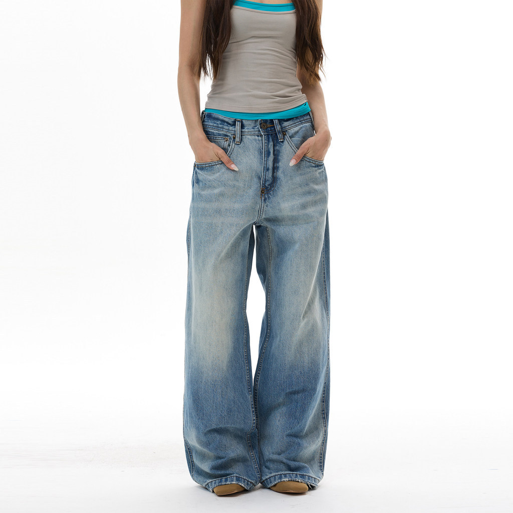 Heavy Industry Rock Layer Washed Blue Jeans Lyocell Cotton Lazy Loose Wide-Leg Pants