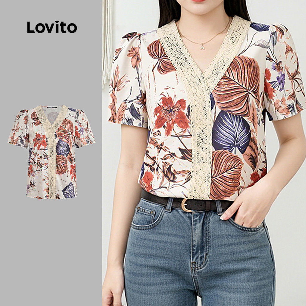 (New Arrival) Lovito เสื้อเบลาส์สไตล์โบฮีเมียน ปกระบาย เสื้อเบลาส์ฤดูใบไม้ผลิ/ฤดูร้อนสําหรับผู้หญิง LK7ED383