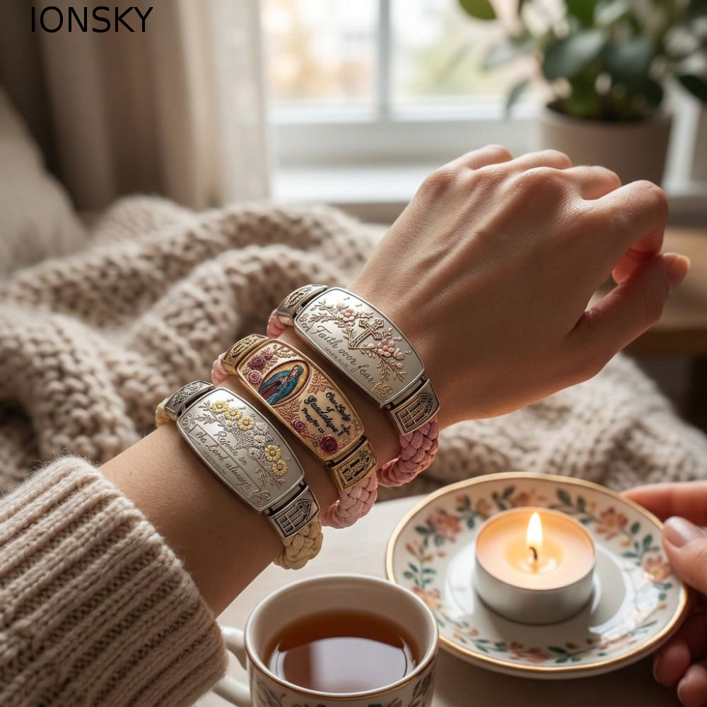 IONSKY Faith Over Fear Bracelet, Faith Over Fear Retro Style Cross Faith Bracelet, Braided Garious P