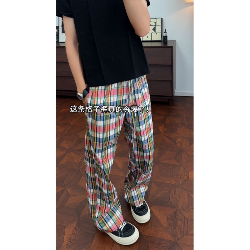 American Retro vintage Rainbow Plaid Pants Mens Summer Design All-Match Straight Pants Loose Casual 