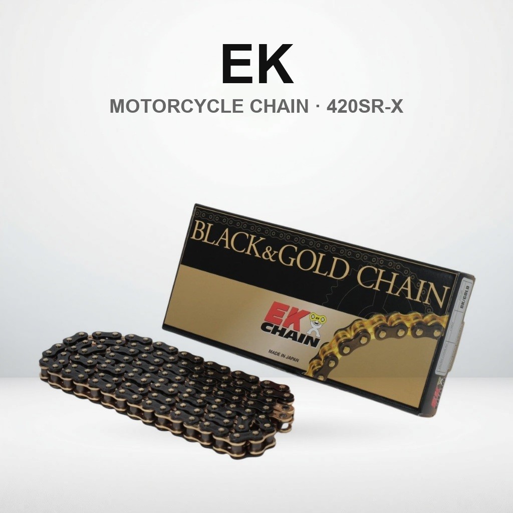 โซ่มอเตอร์ไซค์ EK 420SR-X ดำ/ทอง 90 ข้อ ข้อต่อคลิป QX-Ring สำหรับ ≤150cc | EK 420SR-X Motorcycle Cha