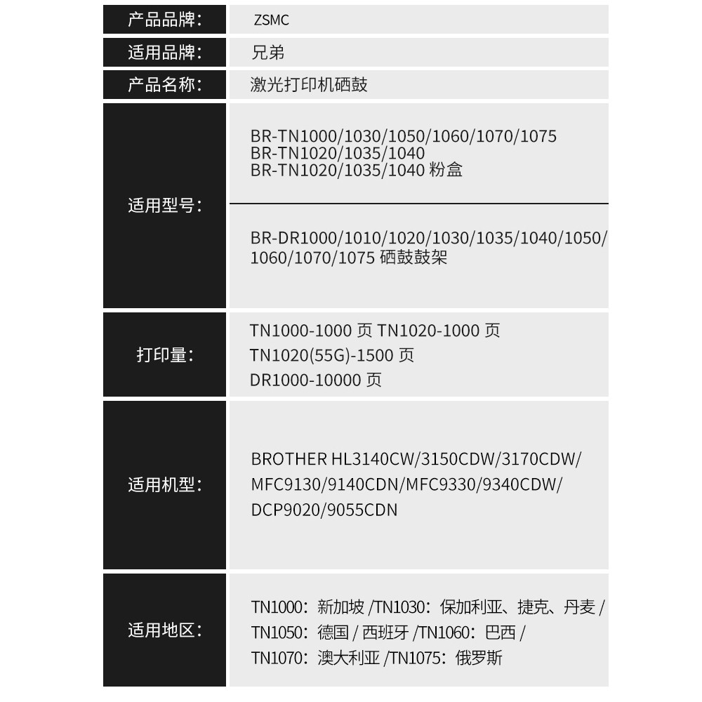 เหมาะสําหรับ Brothers TN1000 TN1030 TN1050 TN1060 TN1070 TN1075 กล่องผงหมึก HL-1110 1112 HL-1210 Sel
