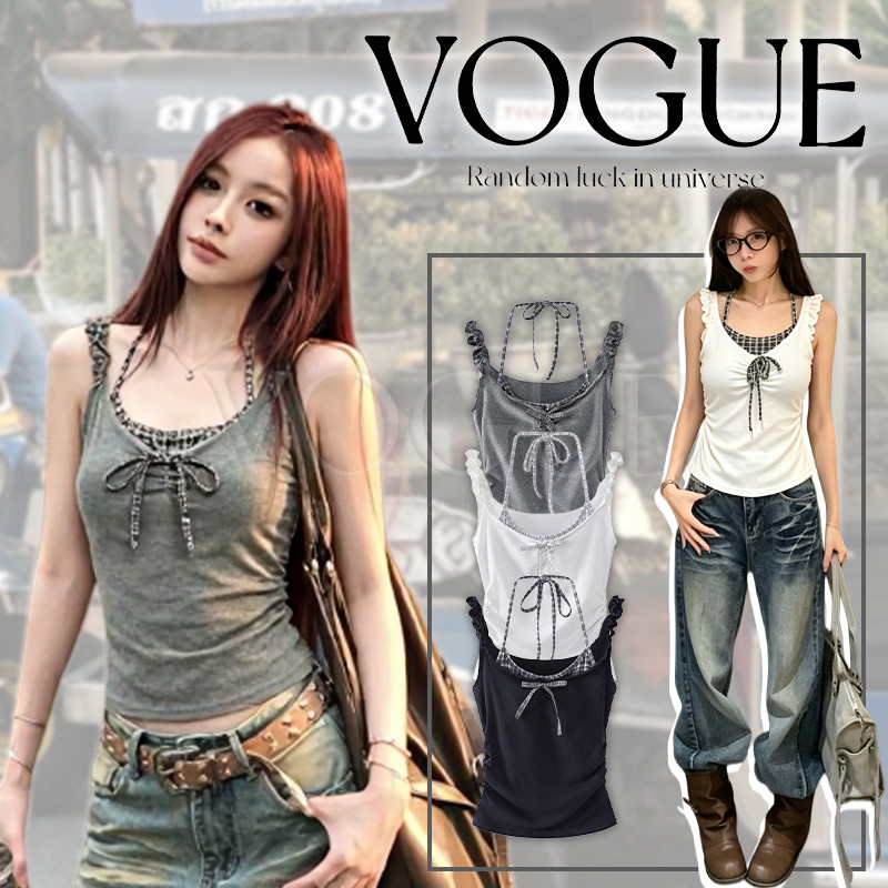 Vogue🌟พร้อมส่ง🌟 เสื้อกล้ามคล้องคอสองชิ้นเย็บติดกัน ผ้ายืดทรงเข้ารูปเสริมฟองน้ำ สไตล์เกาหลี (FY3649)