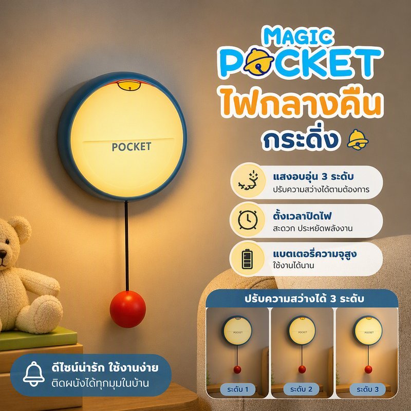 ไฟกลางคืนกระดิ่งโดเรมอน ตบปรับแสง ตั้งเวลาดับไฟ ติดผนังไม่เจาะรู แสงอุ่น ของขวัญวันเกิดเด็ก