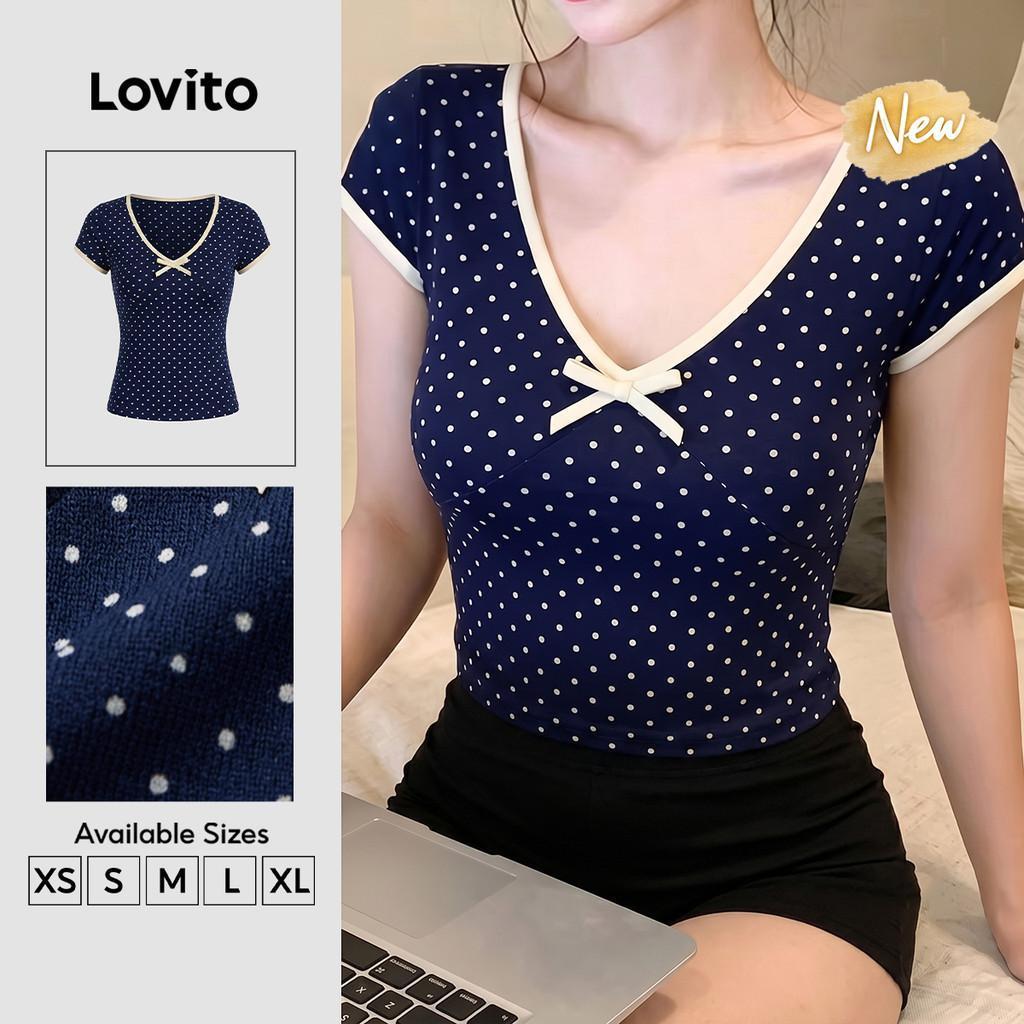 (New Arrival) Lovito เสื้อยืดลําลองผู้หญิง คอปกโบว์ สีตัดกัน สีกรมท่า สําหรับฤดูใบไม้ผลิและฤดูร้อน T
