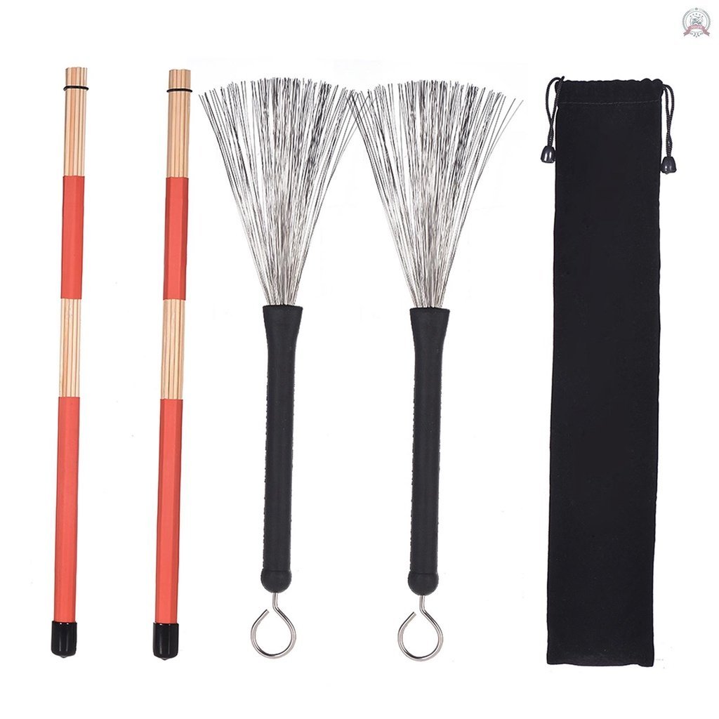 [JOFP] 1 Pair Drum Rods Sticks + 1 Pair Drum Brushes Drum Stick Set with Storage Bag for Jazz Folk M