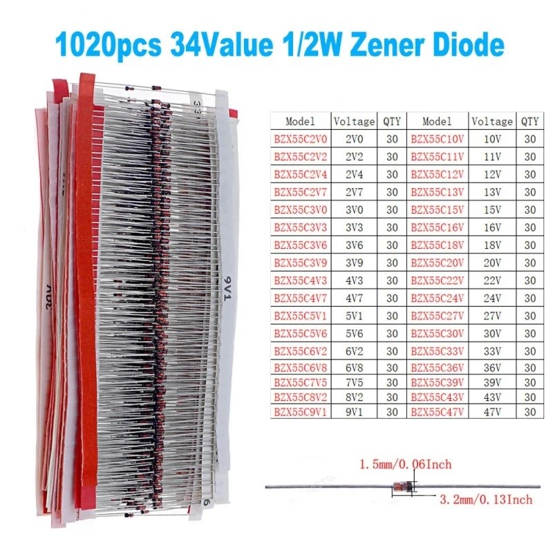 1020pcs 34Value DO-35 1/2W 2V-47V แรงดันไฟฟ้าสูง Zener Diode ชุดสารพันแต่ละ 30 ชิ้น