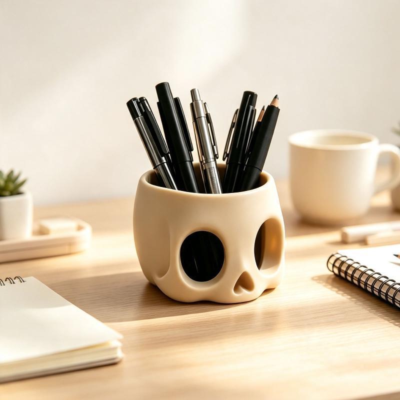 Newsmallbrains Retro Art Skull รูปปากกาที่ใส่ดินสอ Home Office โต๊ะอุปกรณ์แต่งหน้า Office Organizer 
