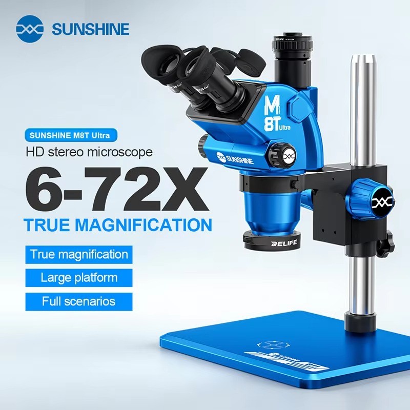 SUNSHINE M8T กล้องจุลทรรศน์สเตอริโอ Trinocular 6-72X พร้อมคอลัมน์ยกปรับได้ 350 มม. เข้ากันได้กับกล้อ