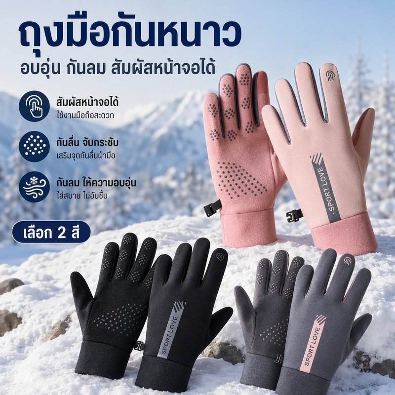 ถุงมือกันหนาว ผู้หญิงผู้ชาย กันน้ำ กันลม ทัชสกรีนได้ ผ้าฝ้ายขนแกะ ขี่จักรยาน สกี