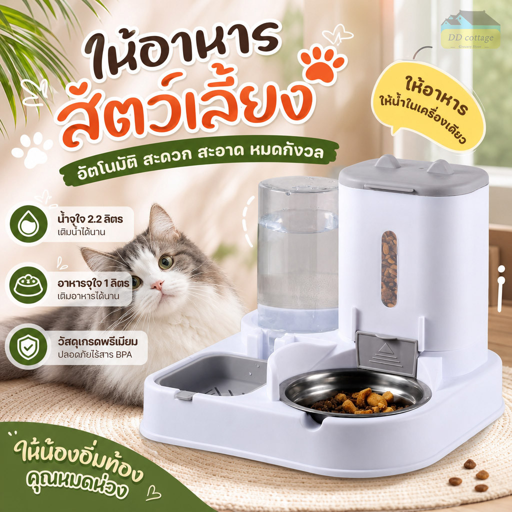 เครื่องให้อาหาร‑น้ำสัตว์เลี้ยงอัตโนมัติ ที่ให้อาหารอัตโนมัติ ชามอาหารสำหรับแมวและสุนัข ใช้งานสะดวก