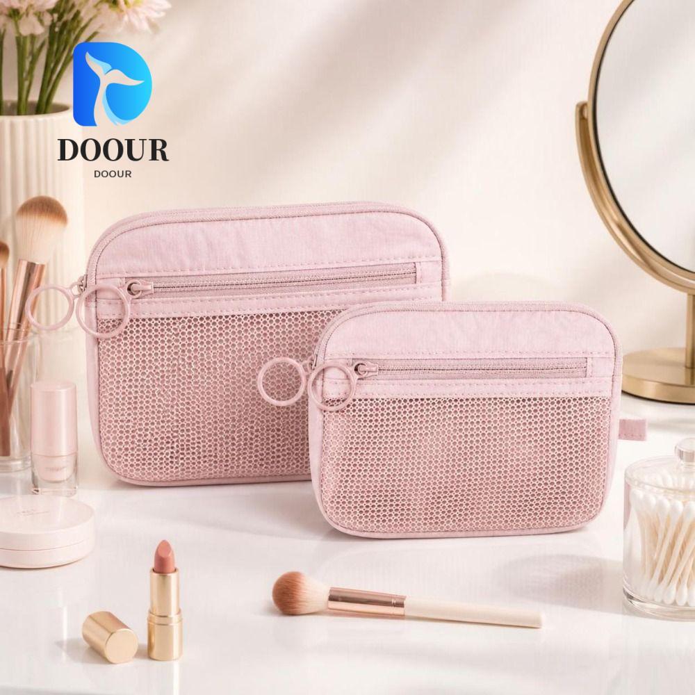 DOOURPH Travel Organizer,Double Layer Pink Mesh Storage Pouch, Zipper Portable Nylon Cosmetic Bag fo