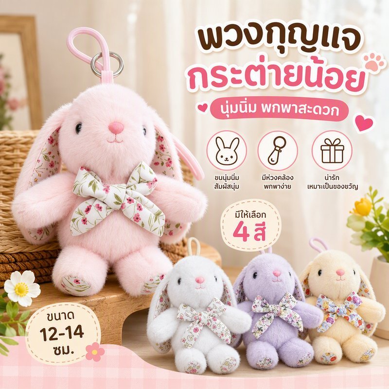 พวงกุญแจกระต่าย พวงกุญแจตุ๊กตา นุ่มนวลและน่ารัก ตุ๊กตาขนฟู โบว์ จี้ห้อยกระเป๋า ของขวัญวันเกิด