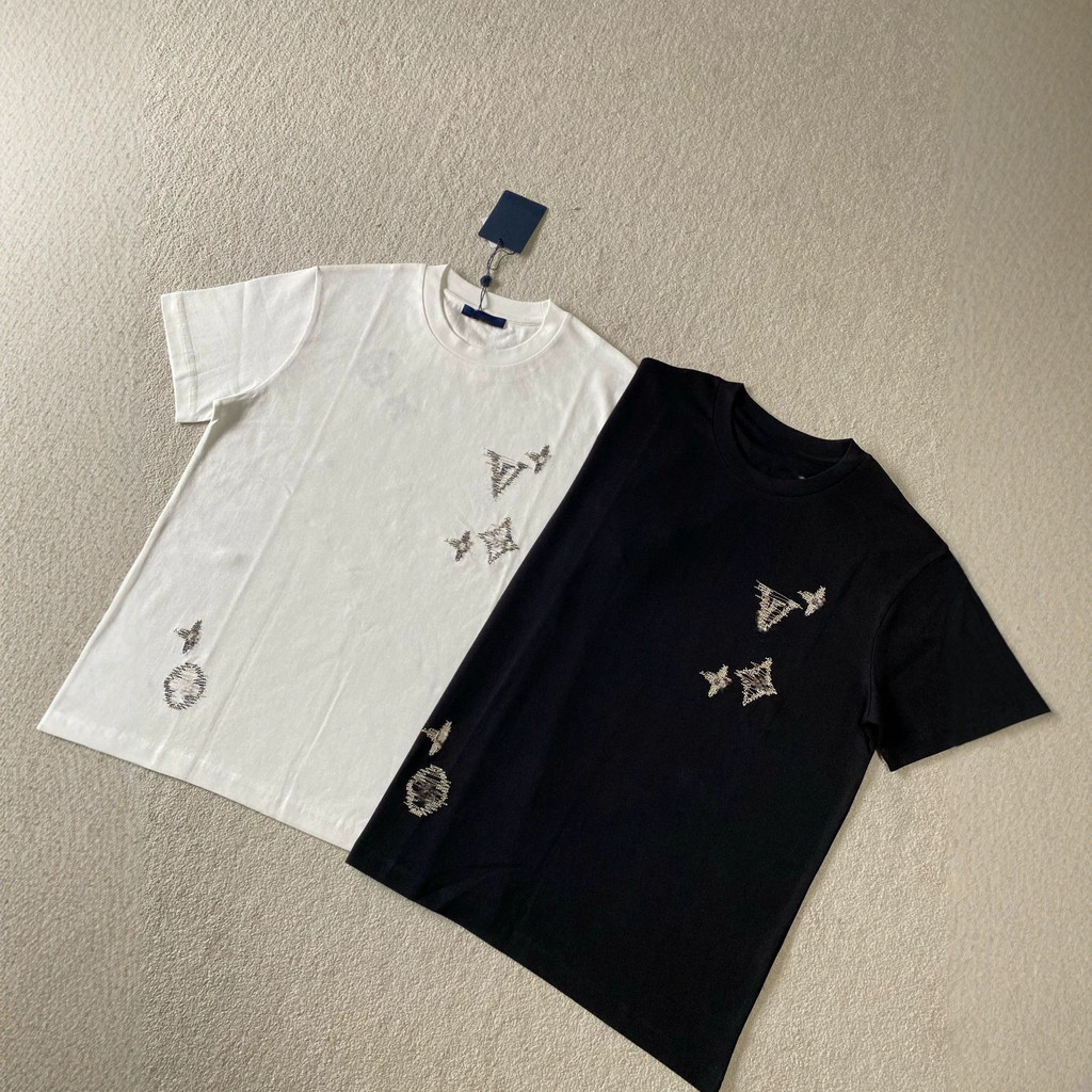 Y9UU Lsv * พับด้ายปักรอบคอแขนสั้น SS เสื้อยืด Unisex หลวมสบายๆ