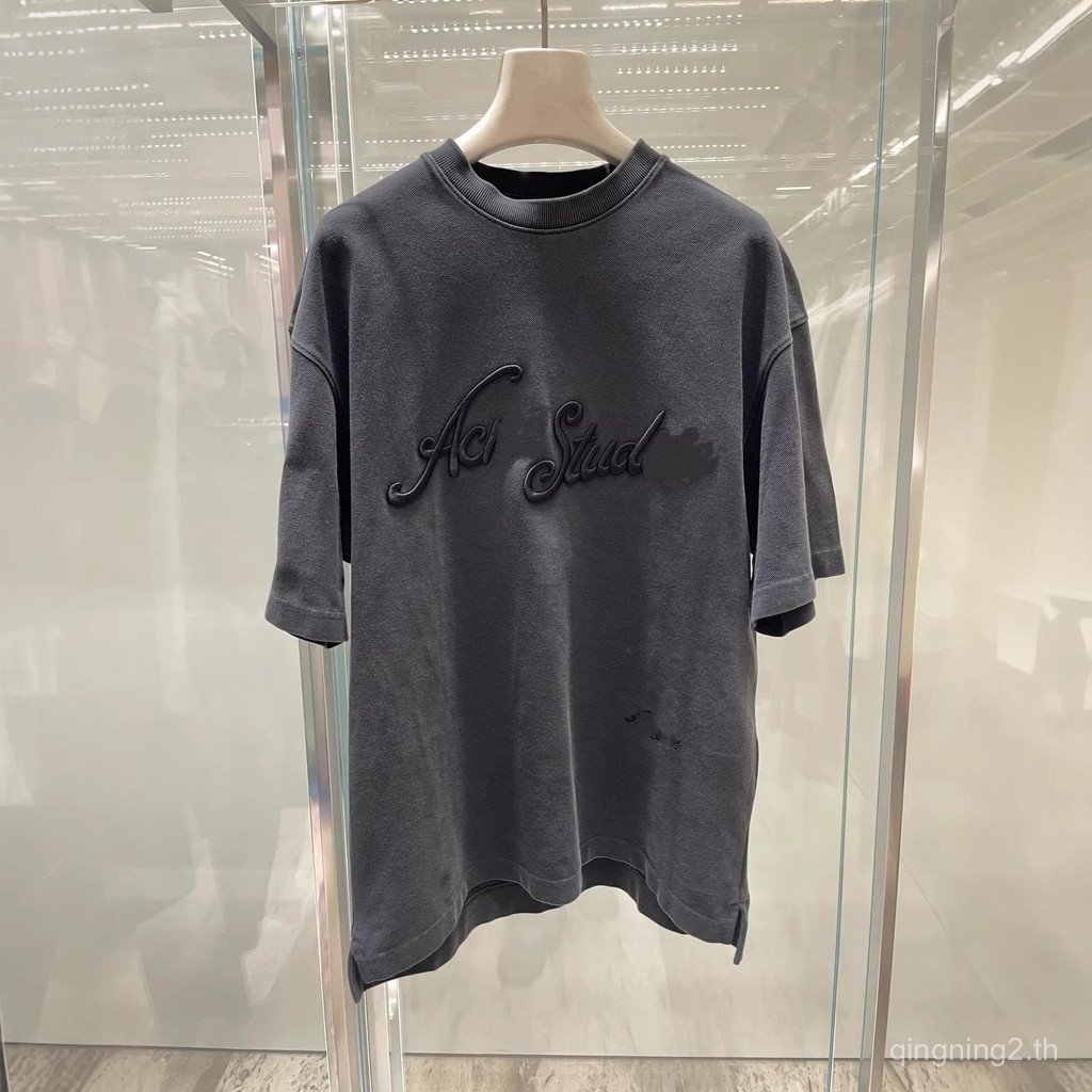 04XN AC 3D นูนปักโลโก้สีทึบรอบคอหลวมแขนสั้นเสื้อยืดผู้ชายผู้หญิงสไตล์เดียวกัน
