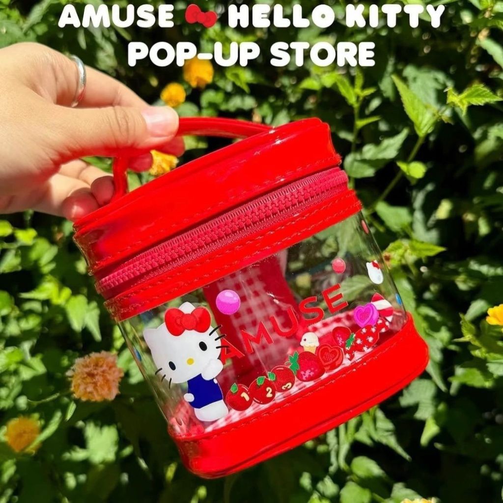 เกาหลี amuse Co-Branded hello Kitty โปร่งใสแบบพกพากระเป๋าเครื่องสําอางกระเป๋าเครื่องสําอางถังกระเป๋า