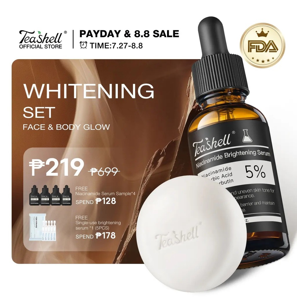Payday&8.8SaleTeashellBrighteningSoap&NiacinamideSerumSetFadeDarkSpotsAcneMarksDullYellowFullBodynin