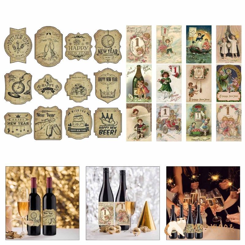 WOW 12 ชิ้น Vintage ขวดไวน์ป้ายสวัสดีปีใหม่ขวดไวน์ป้องกัน Self กาวสติกเกอร์ Christmas Party Suppli
