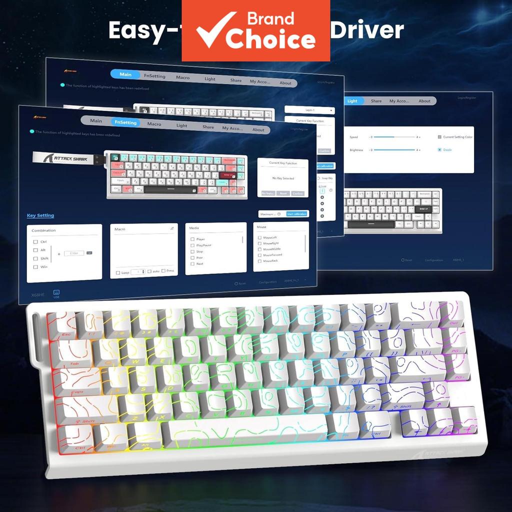 คีย์บอร์ดแมคคานิคอลสําหรับเล่นเกม Attack Shark X68HE สวิตช์แม่เหล็กปรับได้ RT, อัตราการโพล 8K, ไฟ RG