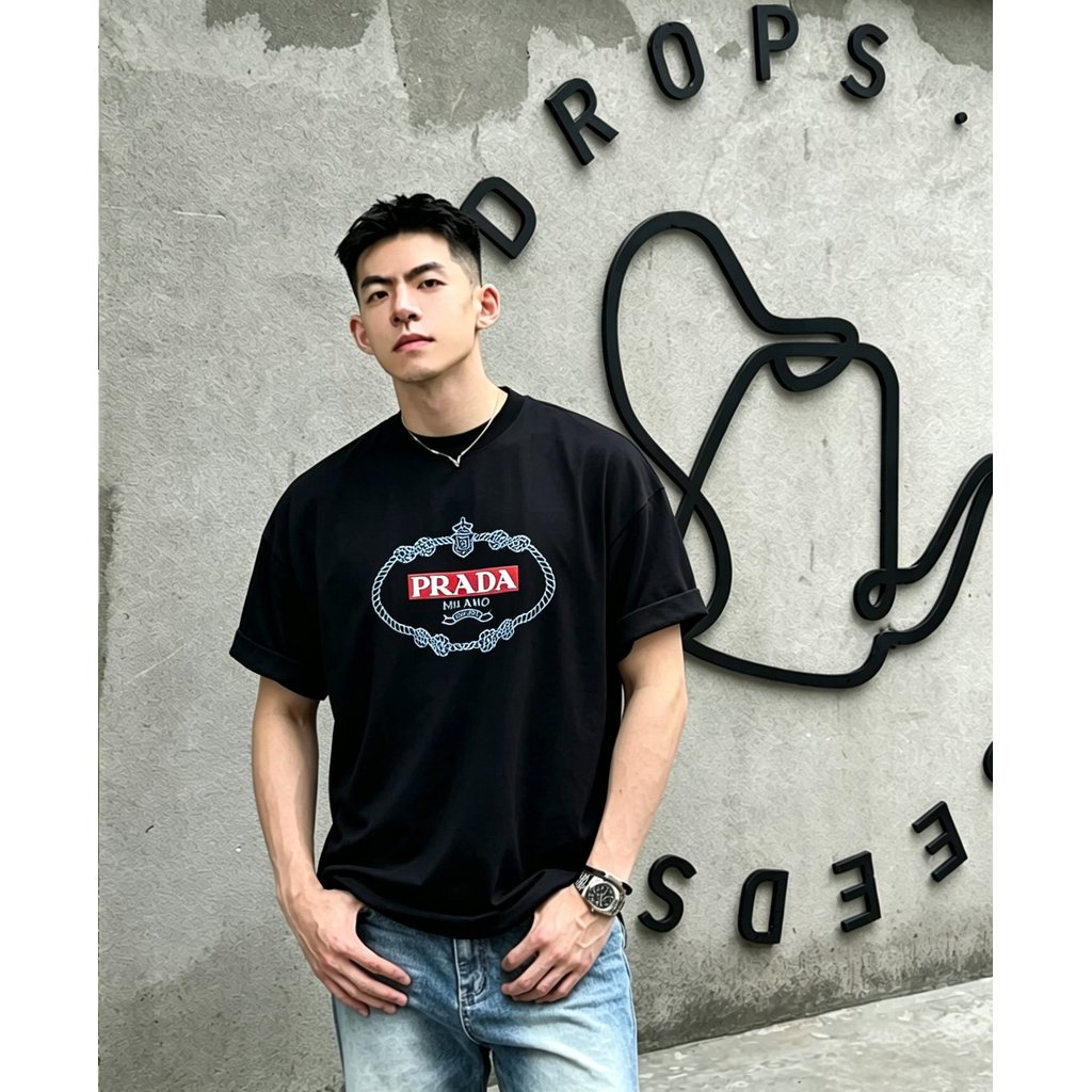 Prada/Prada/2026 คลาสสิกรอบคอแขนสั้นเสื้อยืดผู้ชายผู้หญิงสไตล์ใหม่อินเทรนด์ Original Design Feeling 