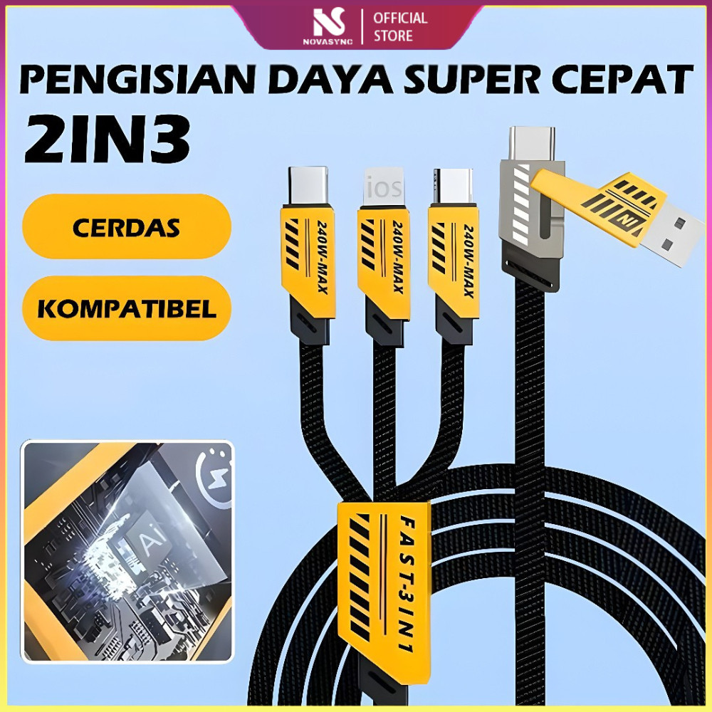 3in1 Fast Charging 240W Max Charger Cable – Super Fast Type C to Type C / iOS / Micro USB Data Cable