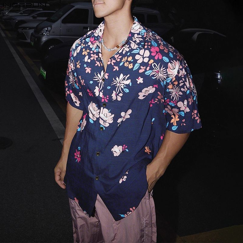 INCERUN ผู้ชายเกาหลีฮาวายสไตล์วันหยุดปกแขนสั้นพิมพ์ลายดอกไม้เสื้อเชิ้ตทรงหลวม ราคา ถูกที่สุด ดีลบีเคเค แกลเลอรีภาพที่ 4