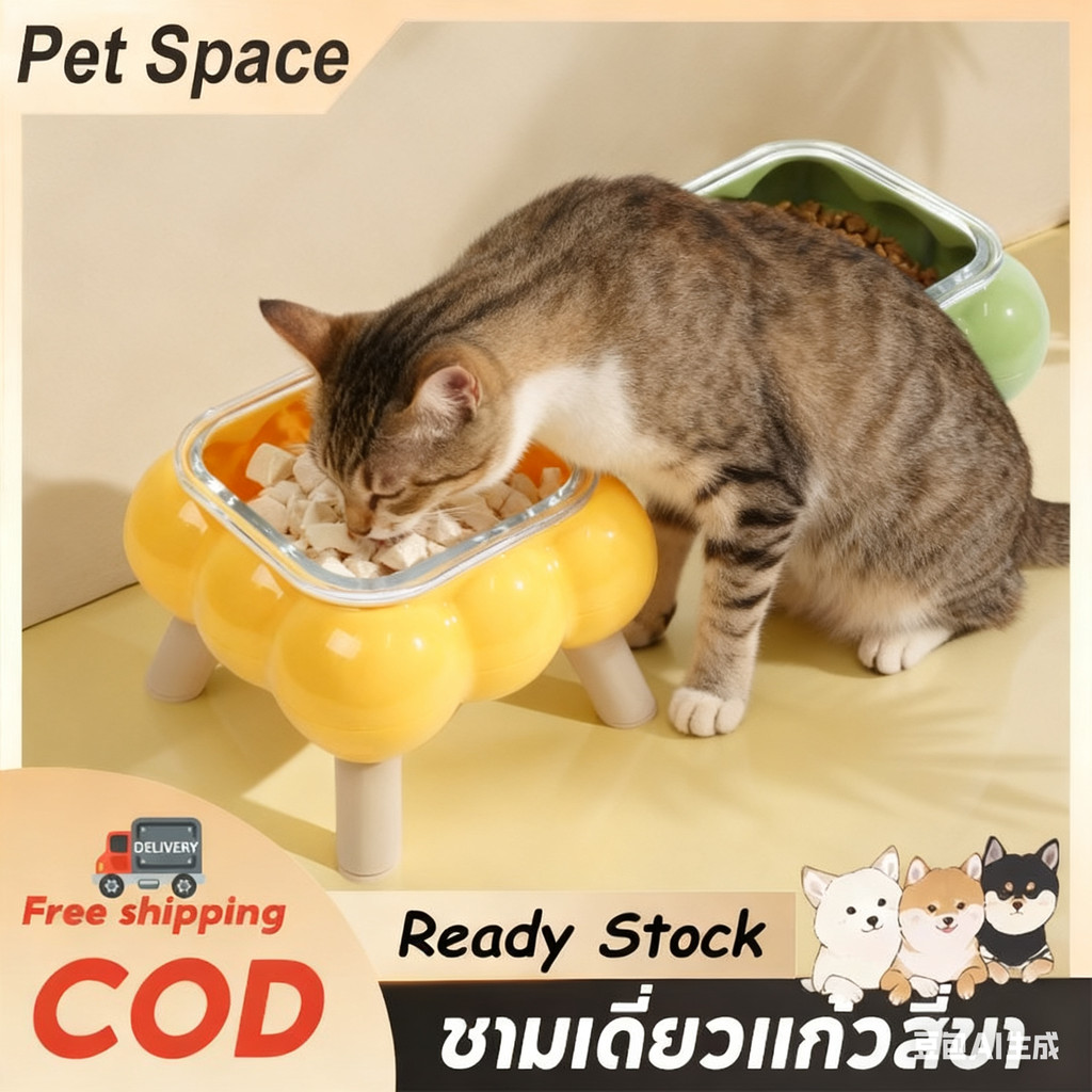 Pet Space ชามอาหารแมว 2ชั้นถอดได้ ชามอาหารสัตว์เลี้ยง ชามแก้วสัตว์เลี้ยง ป้องกันคอ ชามข้าวหมา